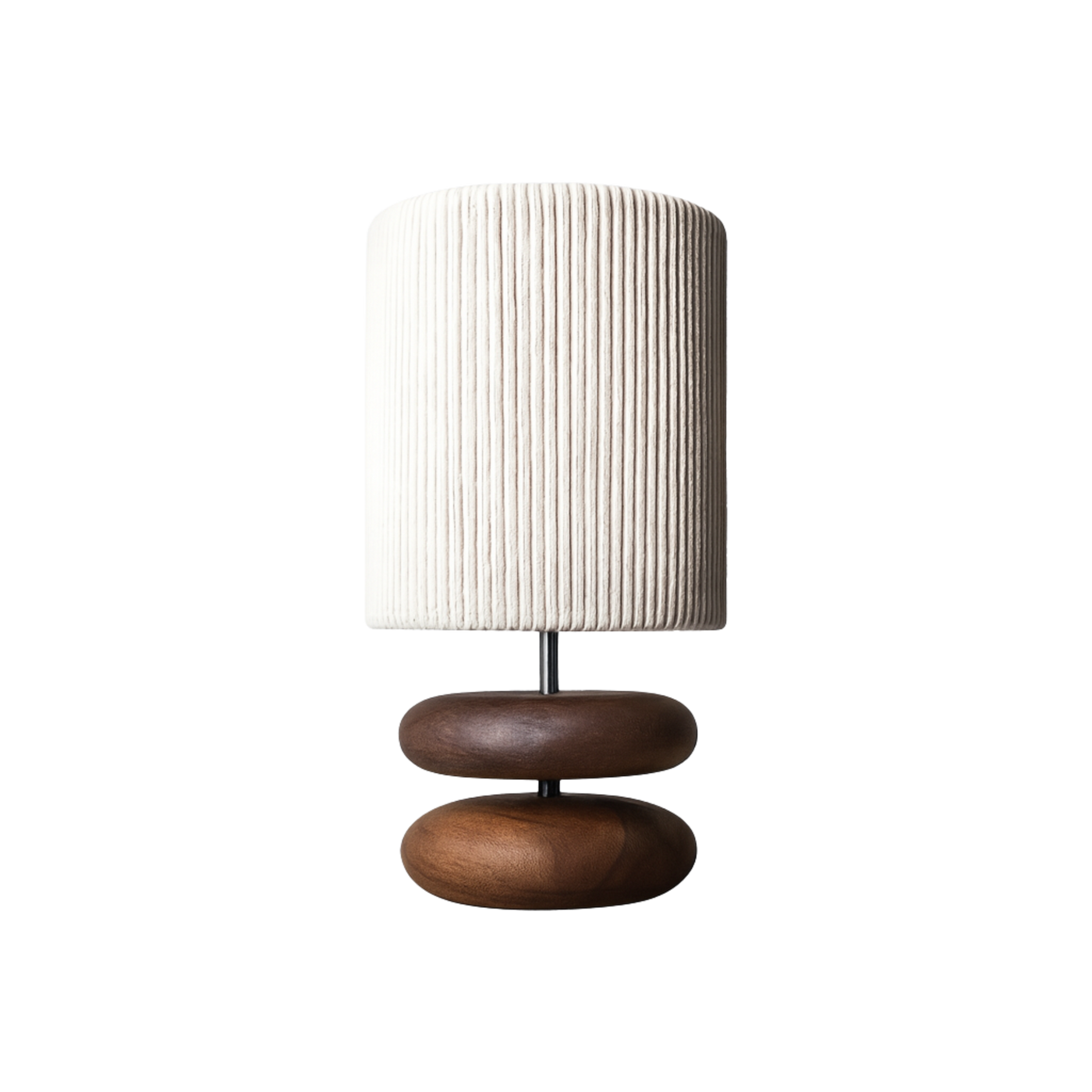 Skulptural Bordslampa i Mörkt Trä med Ribbad Textilskärm – Mjuk Belysning för Elegant Inredning 0