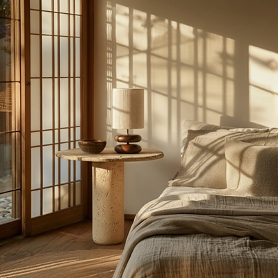 Skulptural Bordslampa i Mörkt Trä med Ribbad Textilskärm – Mjuk Belysning för Elegant Inredning 1