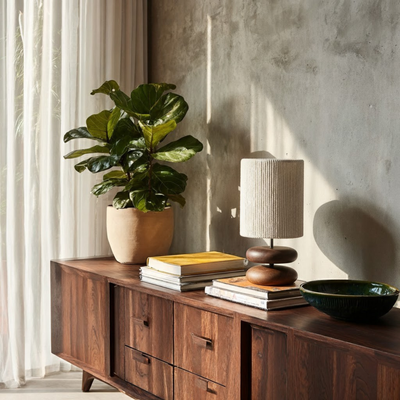 Skulptural Bordslampa i Mörkt Trä med Ribbad Textilskärm – Mjuk Belysning för Elegant Inredning 2
