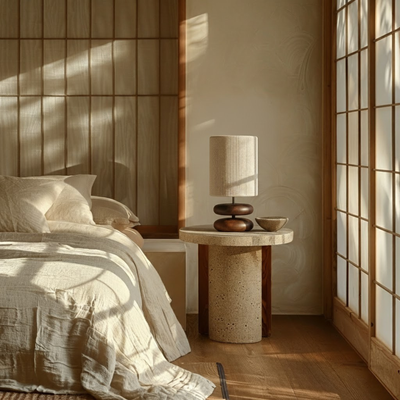 Skulptural Bordslampa i Mörkt Trä med Ribbad Textilskärm – Mjuk Belysning för Elegant Inredning 3